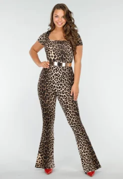 Aansluitende Luipaardprint Jumpsuit met Vierkante Hals, Korte Mouwen en Uitlopende Pijpen