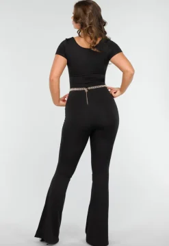 Aansluitende Zwarte Jumpsuit met Vierkante Hals, Korte Mouwen en Uitlopende Pijpen