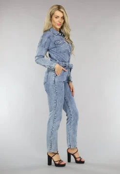 Acid Washed Denim Jumpsuit met Lange Mouwen en Tailleband
