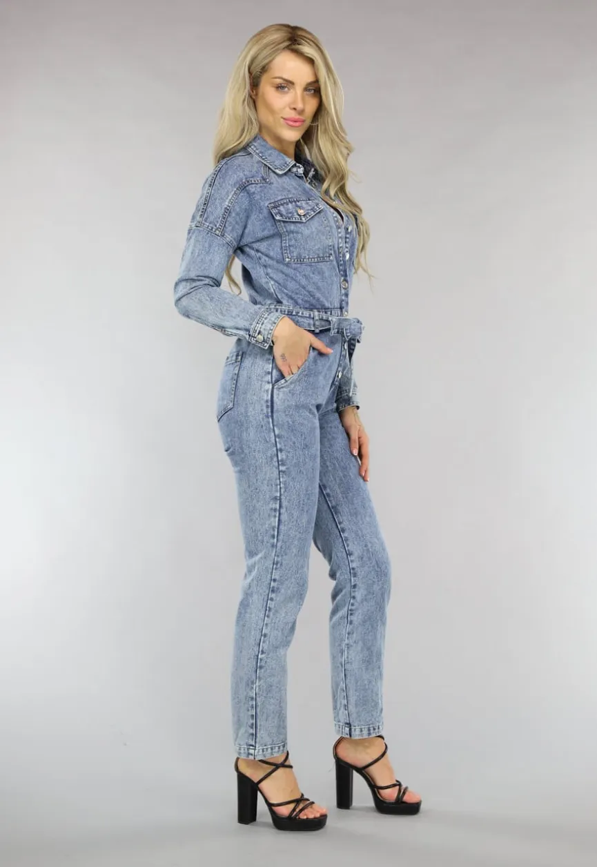 Acid Washed Denim Jumpsuit met Lange Mouwen en Tailleband
