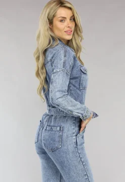 Acid Washed Denim Jumpsuit met Lange Mouwen en Tailleband