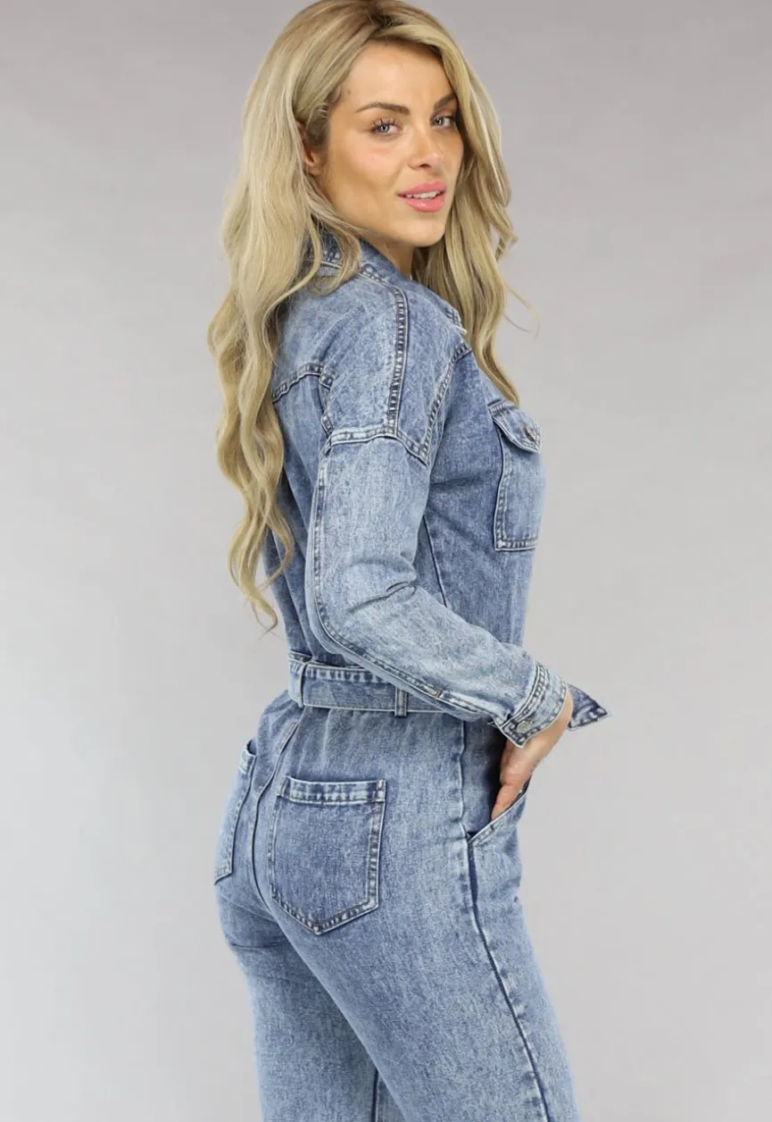 Acid Washed Denim Jumpsuit met Lange Mouwen en Tailleband