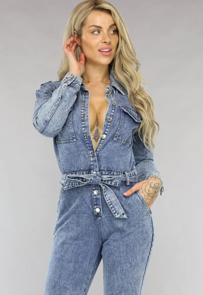 Acid Washed Denim Jumpsuit met Lange Mouwen en Tailleband