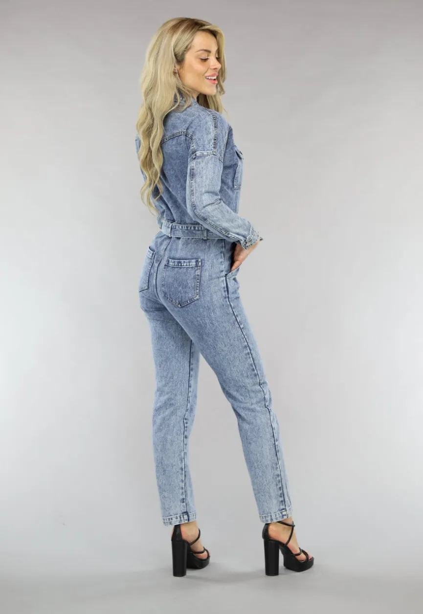Acid Washed Denim Jumpsuit met Lange Mouwen en Tailleband