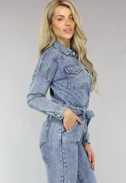 Acid Washed Denim Jumpsuit met Lange Mouwen en Tailleband