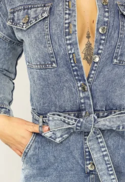 Acid Washed Denim Jumpsuit met Lange Mouwen en Tailleband