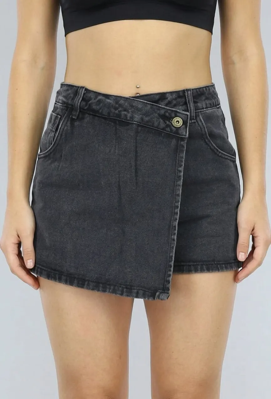 Antraciet Denim Overslag Skort met Schuine Sluiting