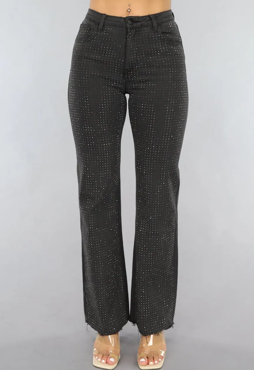 Antraciet Straight Leg Jeans met Strass Steentjes