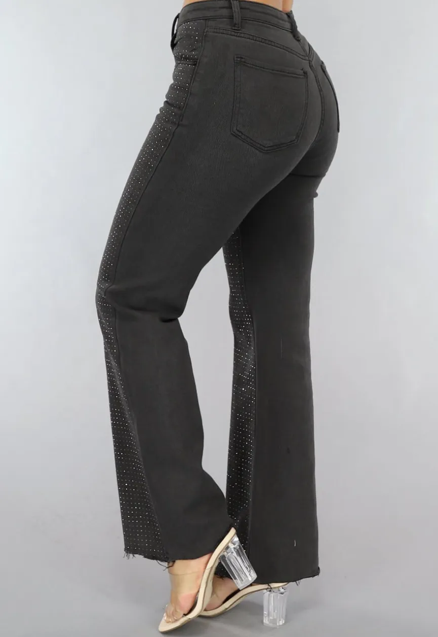 Antraciet Straight Leg Jeans met Strass Steentjes