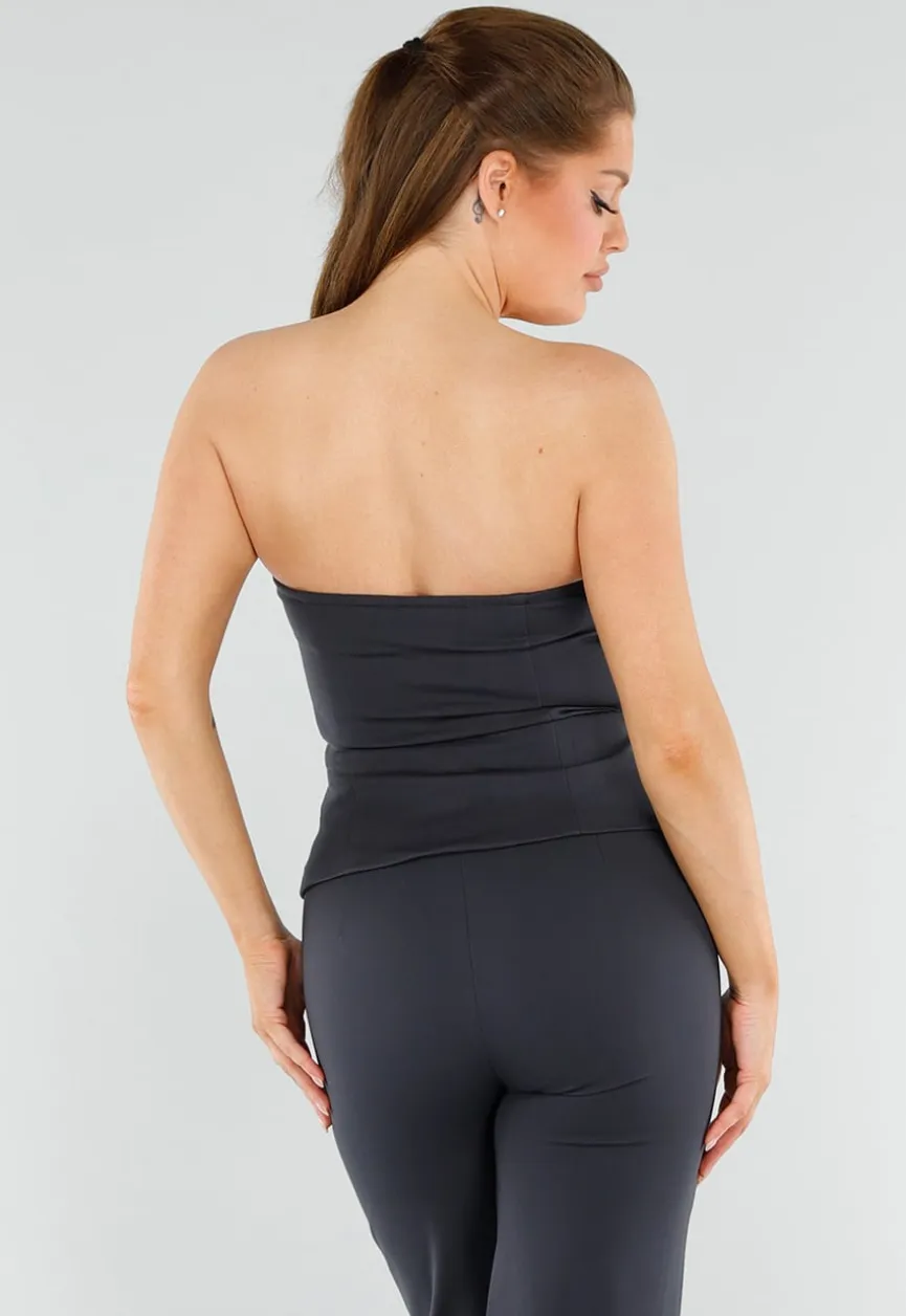 Antraciet Strapless Top Met Knoopsluiting en Getailleerde Fit