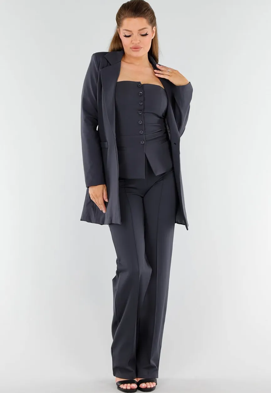 Antraciet Strapless Top Met Knoopsluiting en Getailleerde Fit