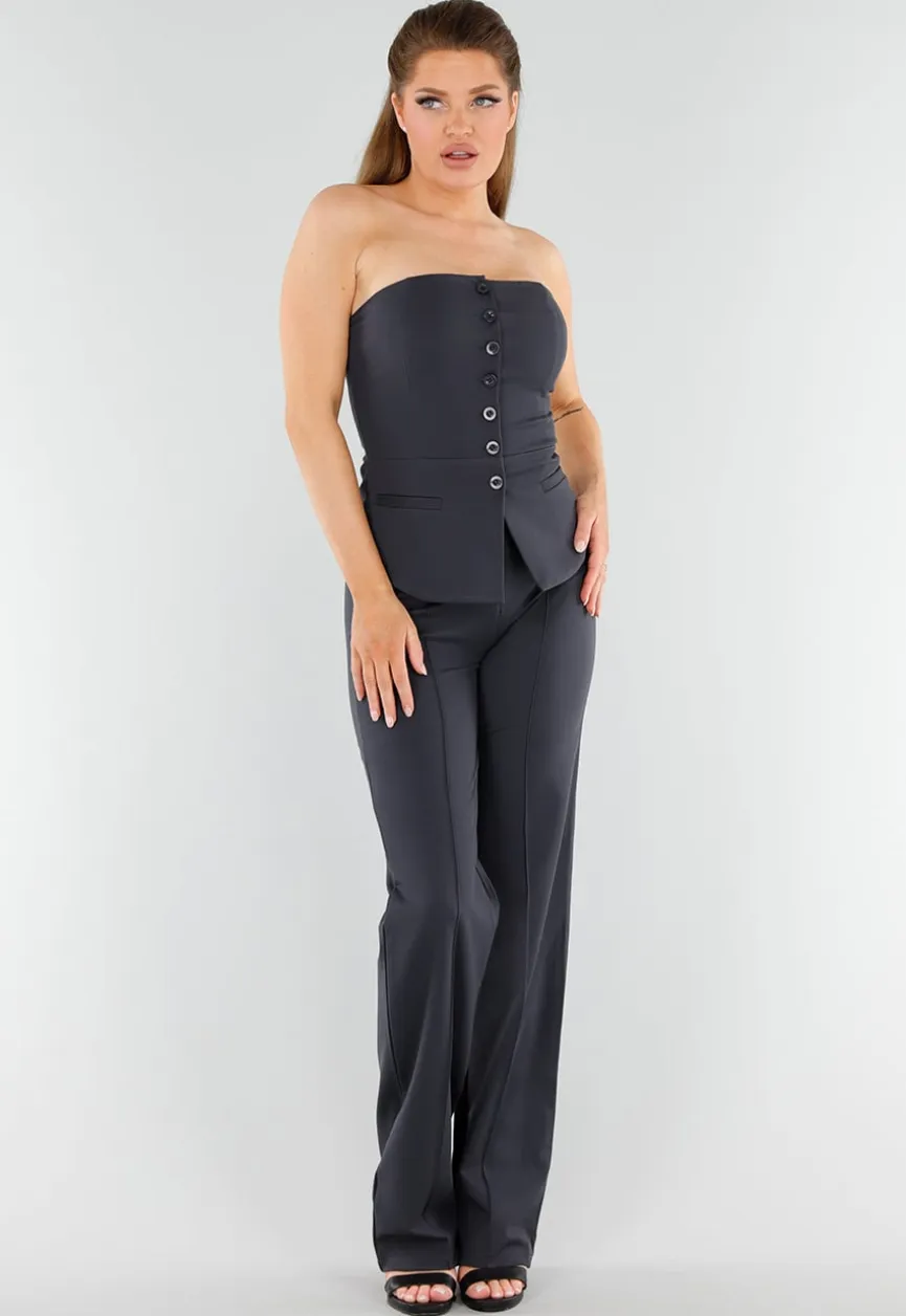 Antraciet Strapless Top Met Knoopsluiting en Getailleerde Fit