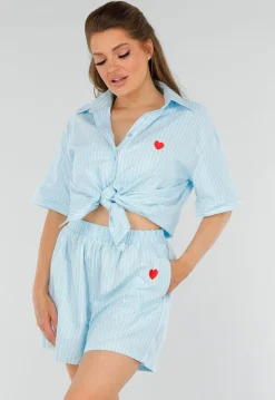 Aquablauwe Katoenen Set met Blouse, Borstzak en Short