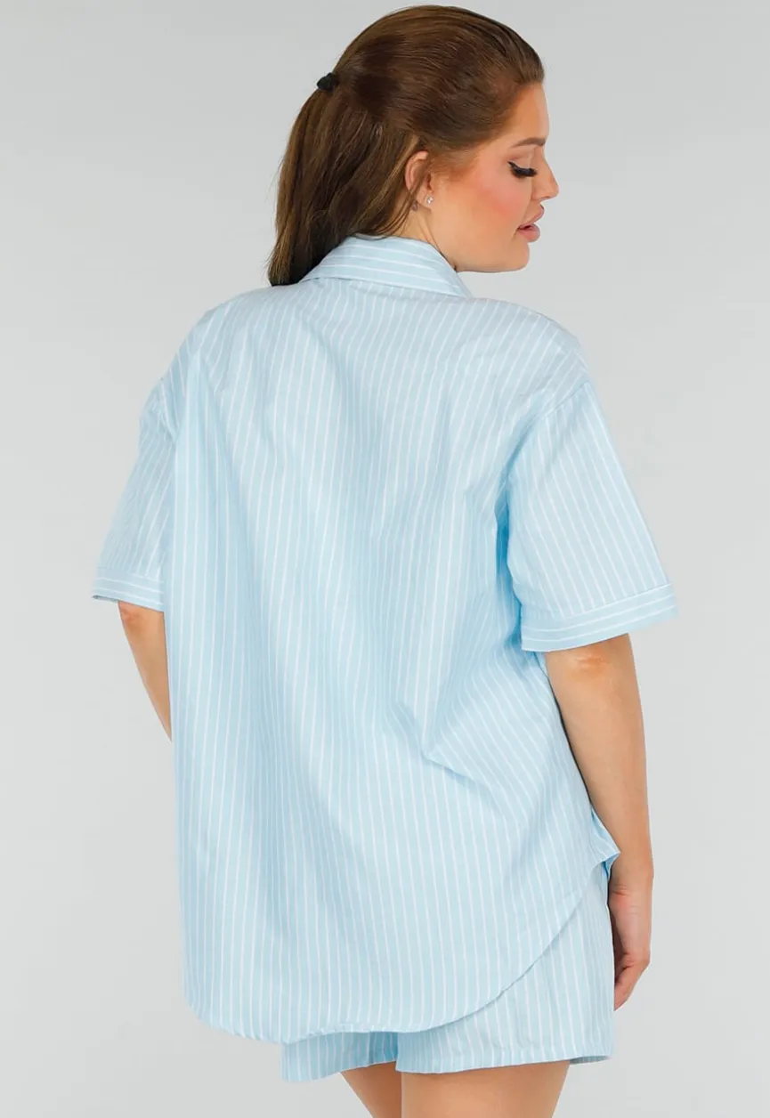 Aquablauwe Katoenen Set met Blouse, Borstzak en Short
