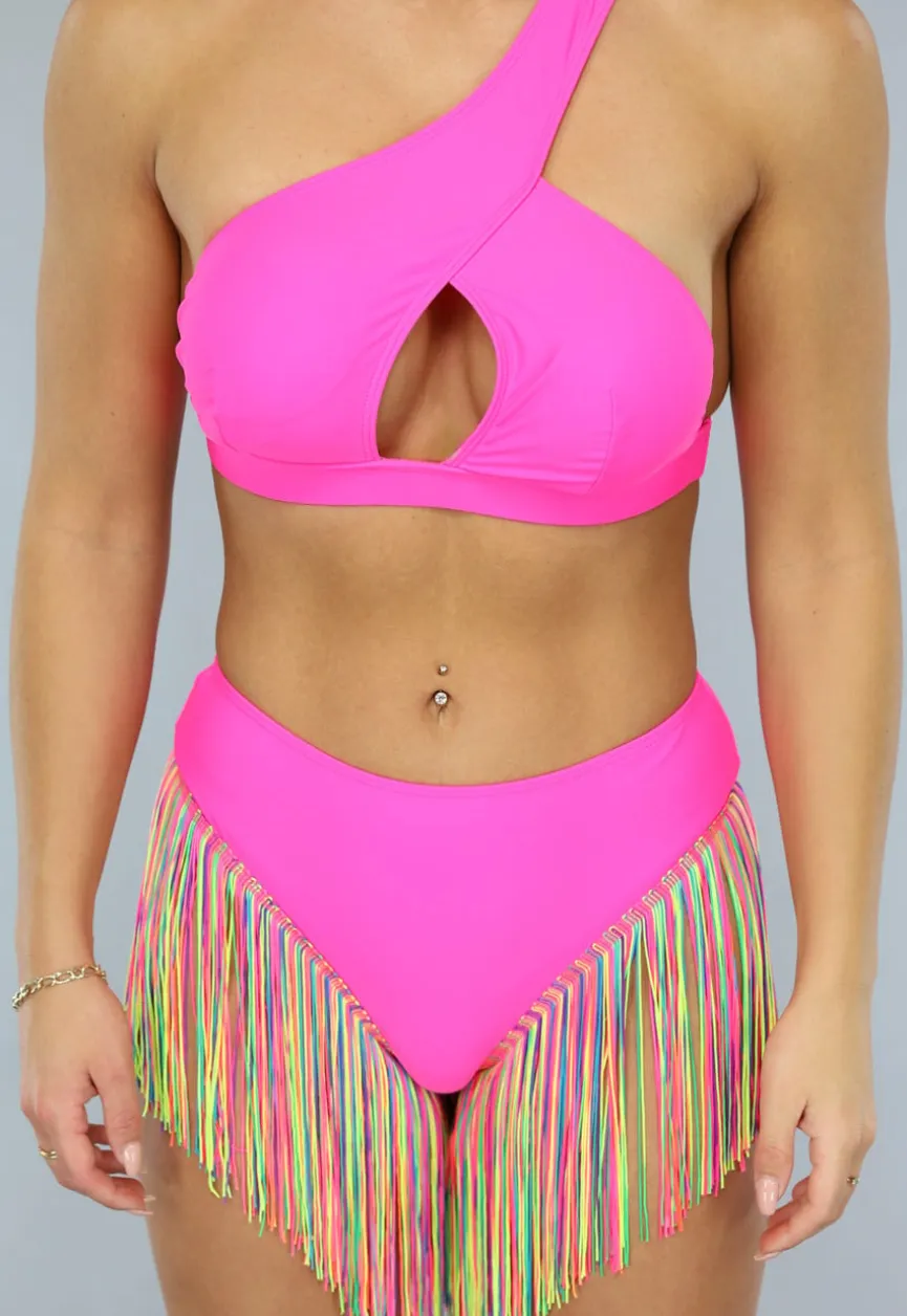 Asymmetrische Neon Roze Bikini Set met Franjes