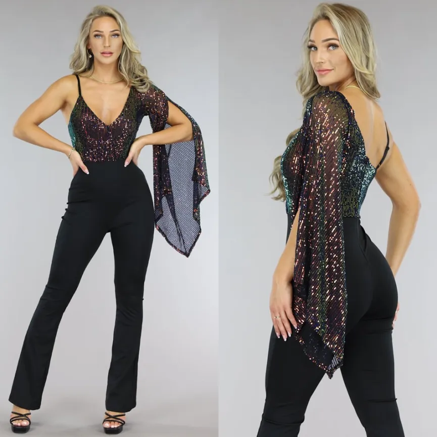 Asymmetrische One Sleeve Pailletten Jumpsuit