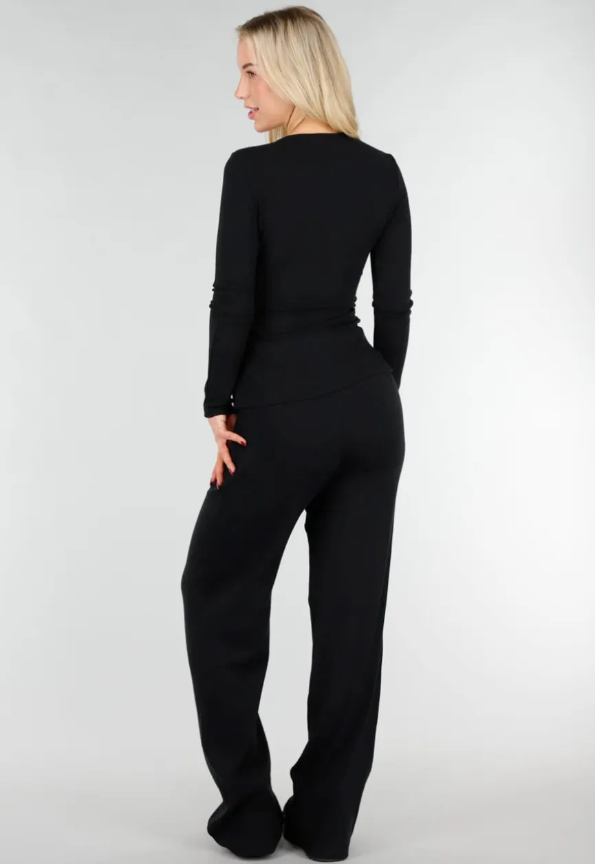 Asymmetrische Zwarte Two Piece Set met Lange Mouwen