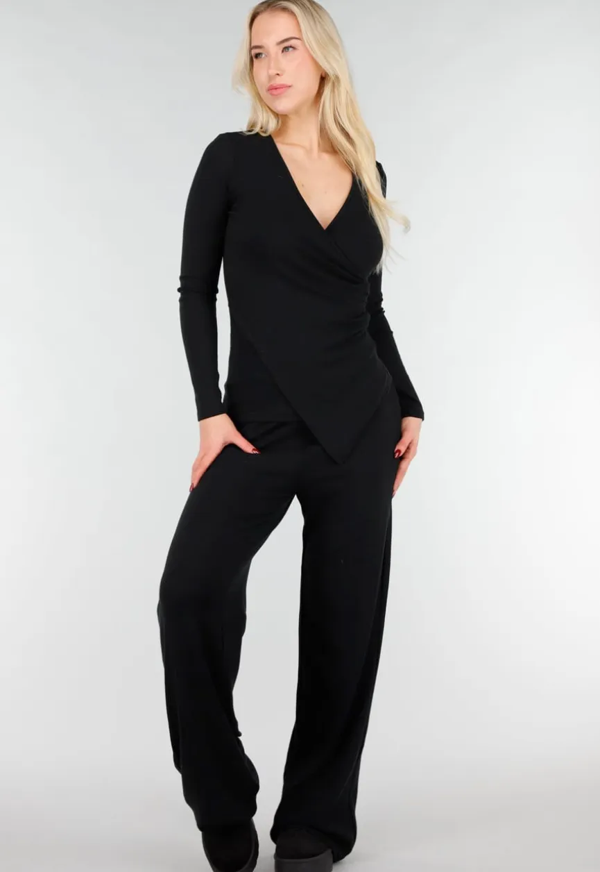 Asymmetrische Zwarte Two Piece Set met Lange Mouwen