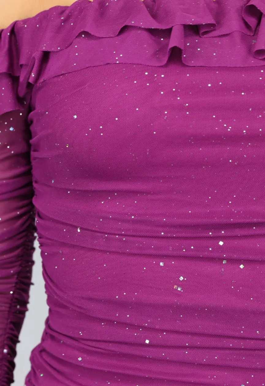 Aubergine Glitter Mesh Jurk met Ruches