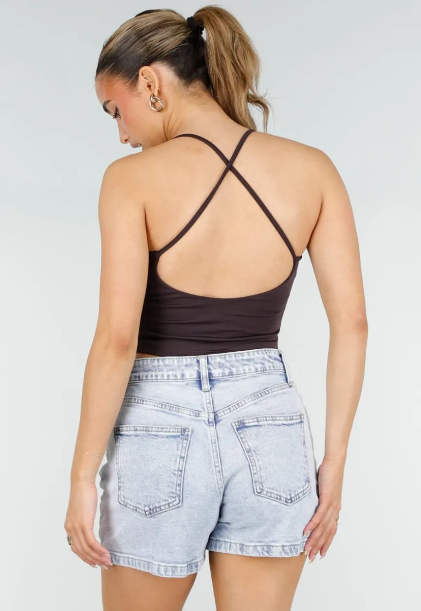 Aubergine Sport Crop Top met Kruisbandjes en Pads