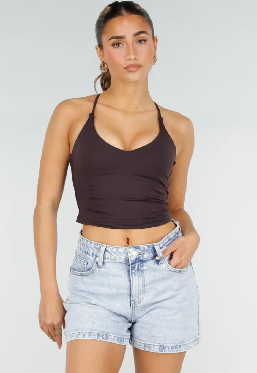 Aubergine Sport Crop Top met Kruisbandjes en Pads