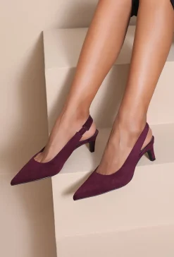 Aubergine Suède Slingback Pumps met Kitten Heel en Spitse Neus