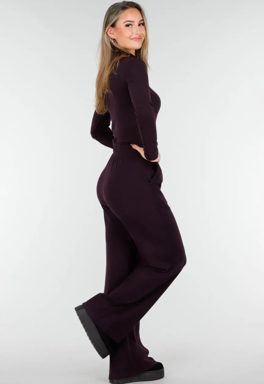 Aubergine Zachte Stretch Broek met Rechte Pijpen