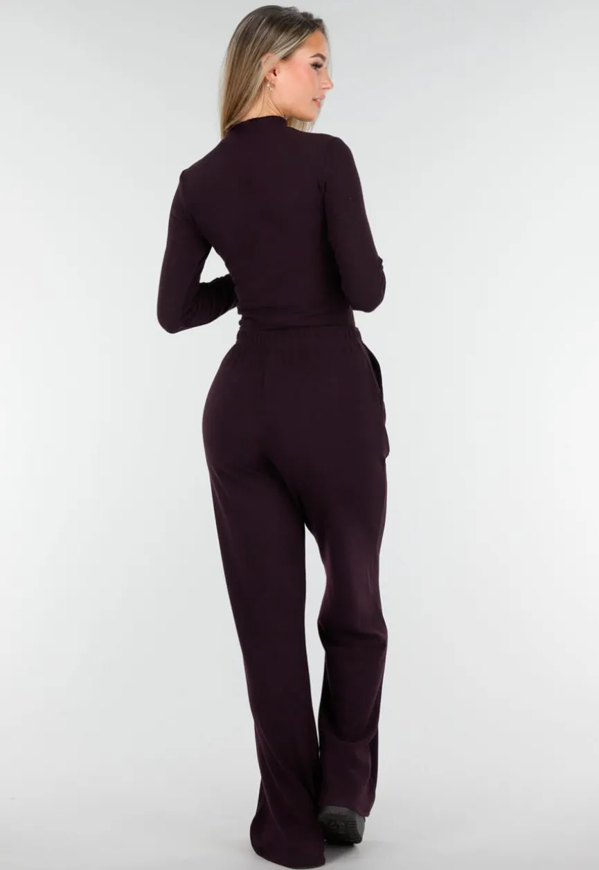 Aubergine Zachte Stretch Broek met Rechte Pijpen