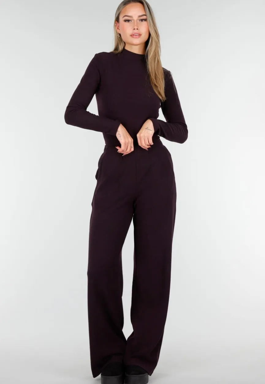 Aubergine Zachte Stretch Top met Lange Mouwen