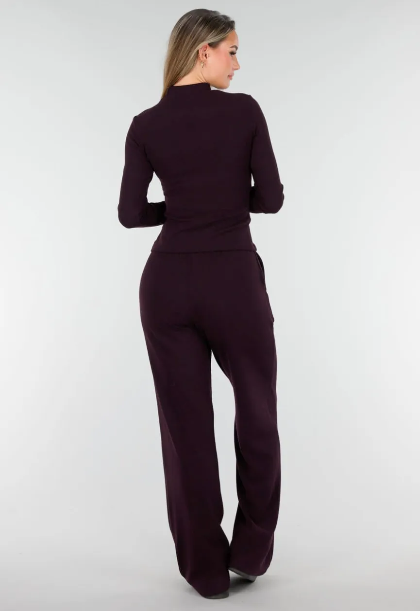 Aubergine Zachte Stretch Top met Lange Mouwen