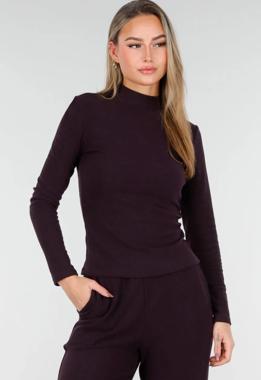 Aubergine Zachte Stretch Top met Lange Mouwen