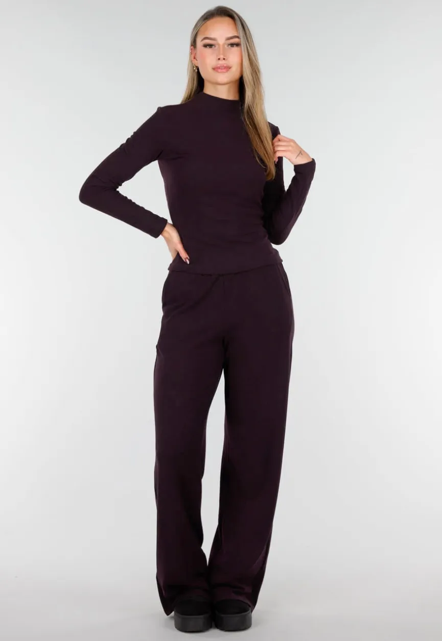 Aubergine Zachte Stretch Top met Lange Mouwen