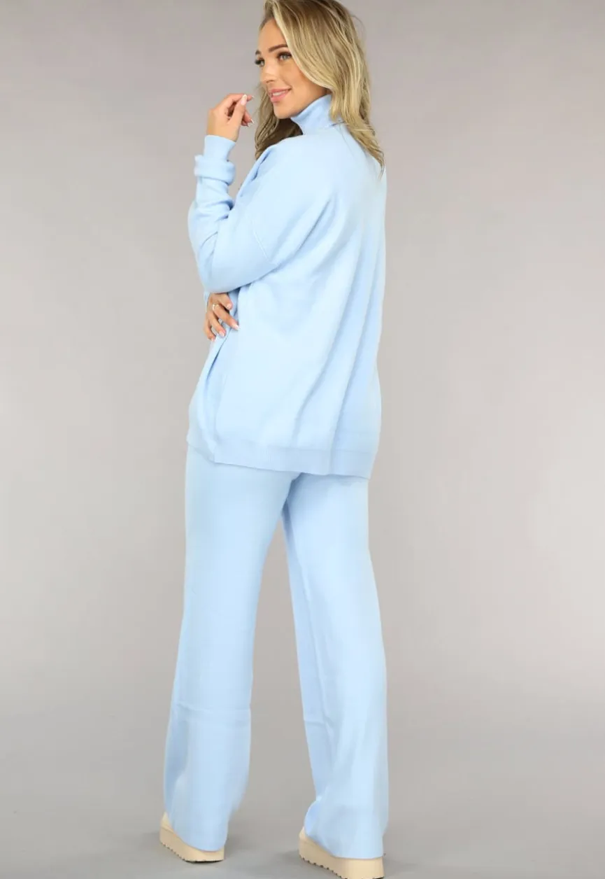 Babyblauwe Gebreide Co Ord Set met Col