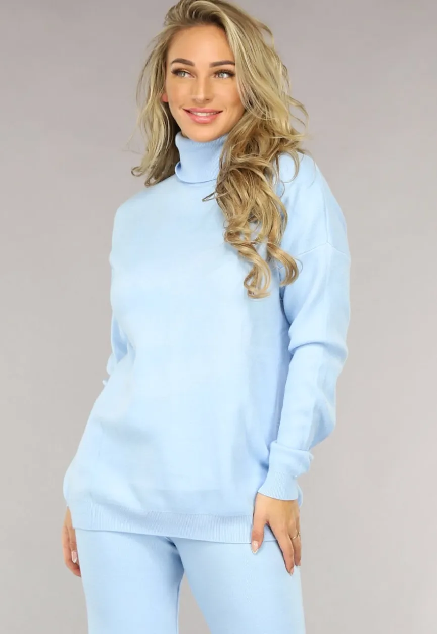 Babyblauwe Gebreide Co Ord Set met Col