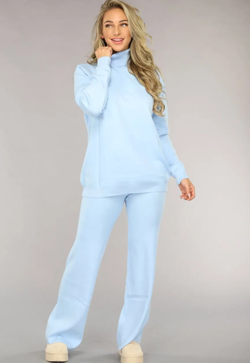Babyblauwe Gebreide Co Ord Set met Col