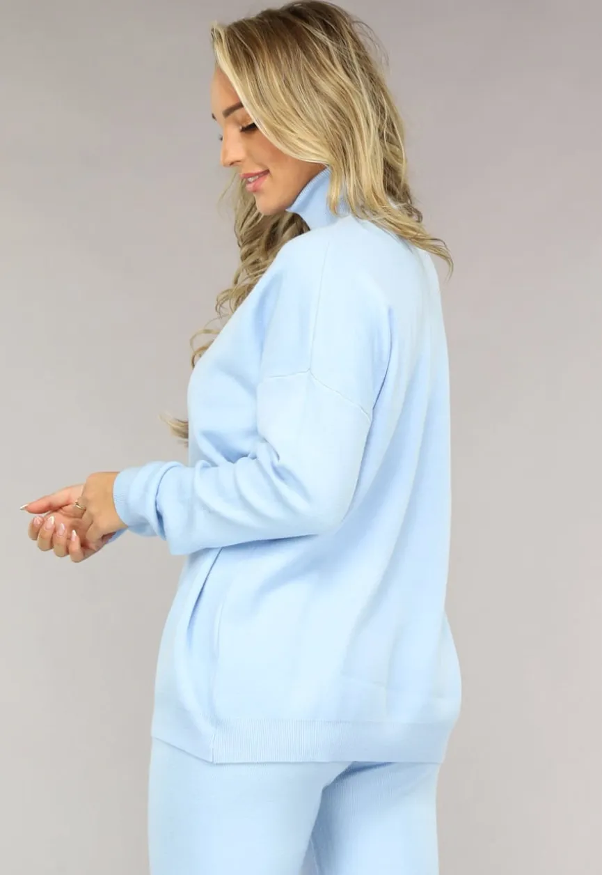 Babyblauwe Gebreide Co Ord Set met Col