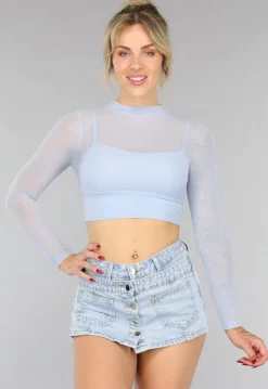 Babyblauwe Longsleeve Mesh Top met Ingewerkte Pads