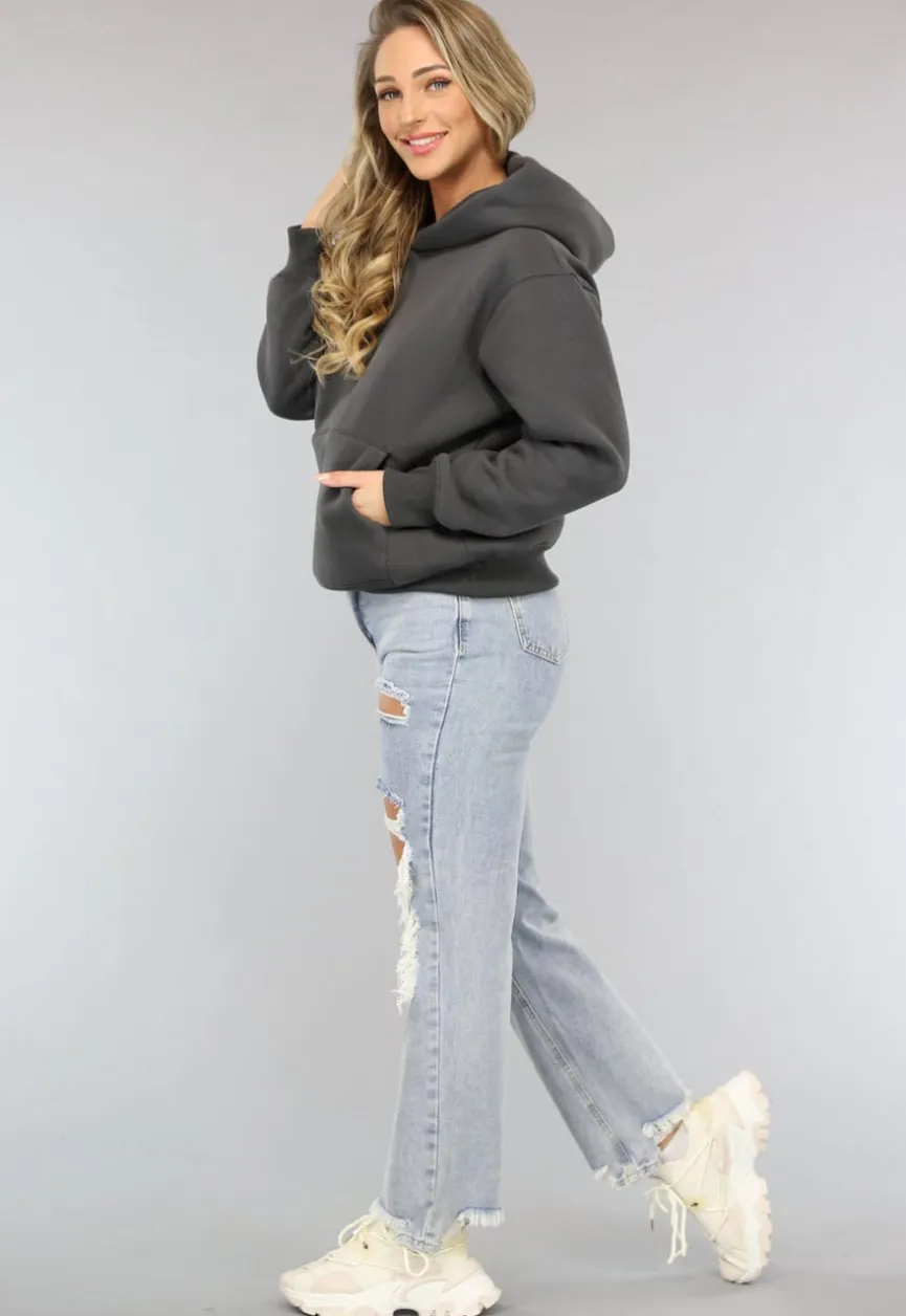 Basic Hoodie met Teddy Voering in Antraciet