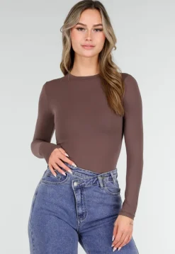 Basic Stretch Top Bruin met Lange Mouwen