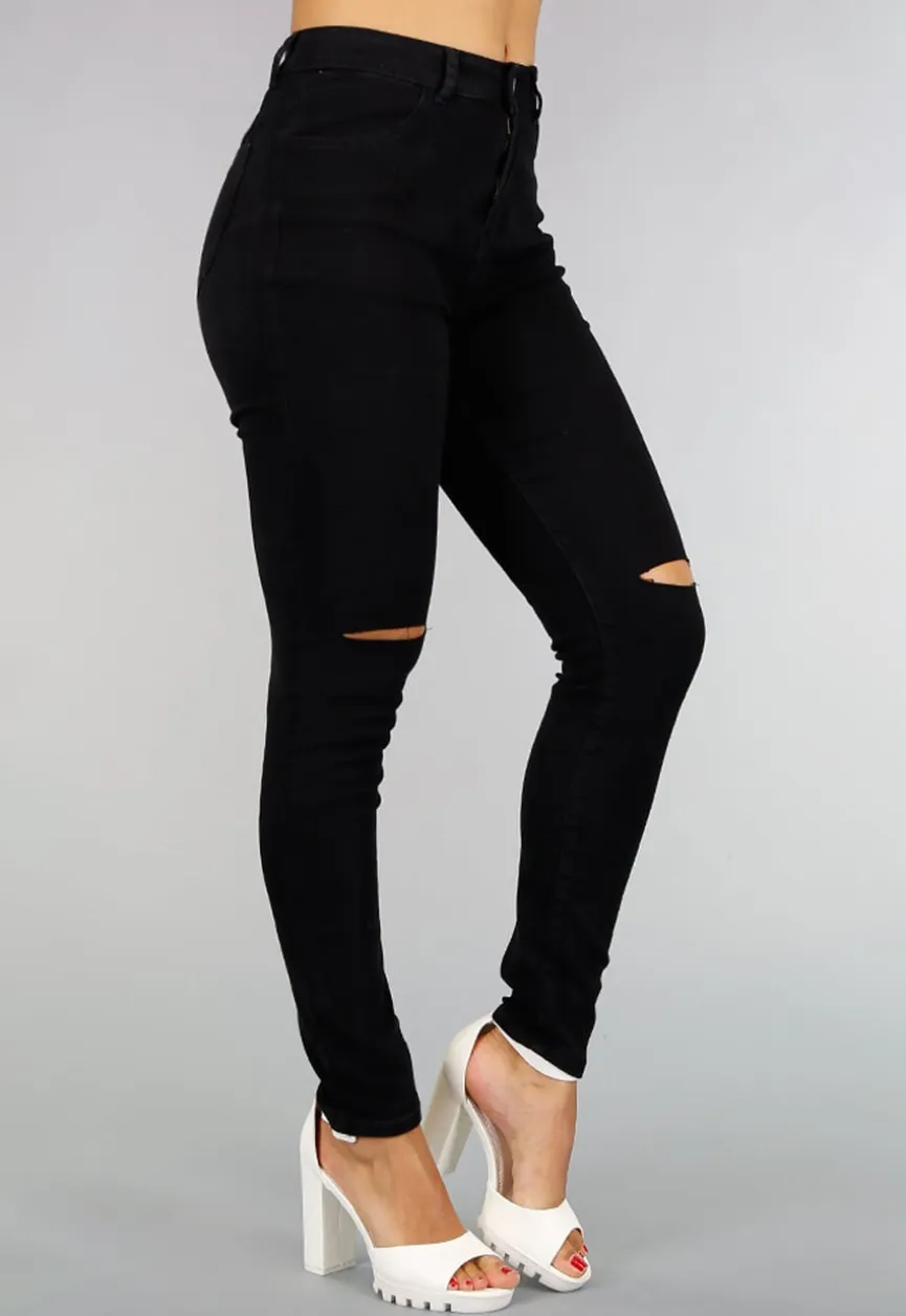 Basic Zwarte High Waist Ripped Knees Jeans