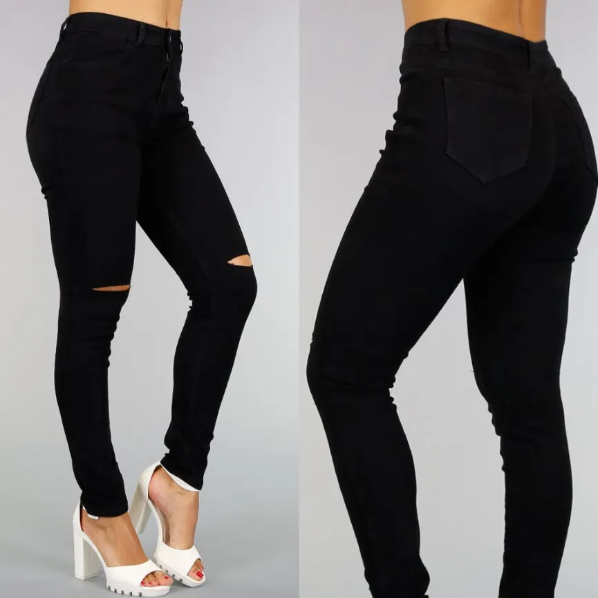 Basic Zwarte High Waist Ripped Knees Jeans