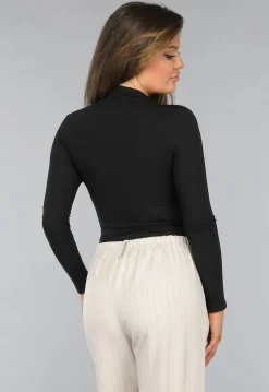 Basic Zwarte Lange Mouwen Top met Plooien