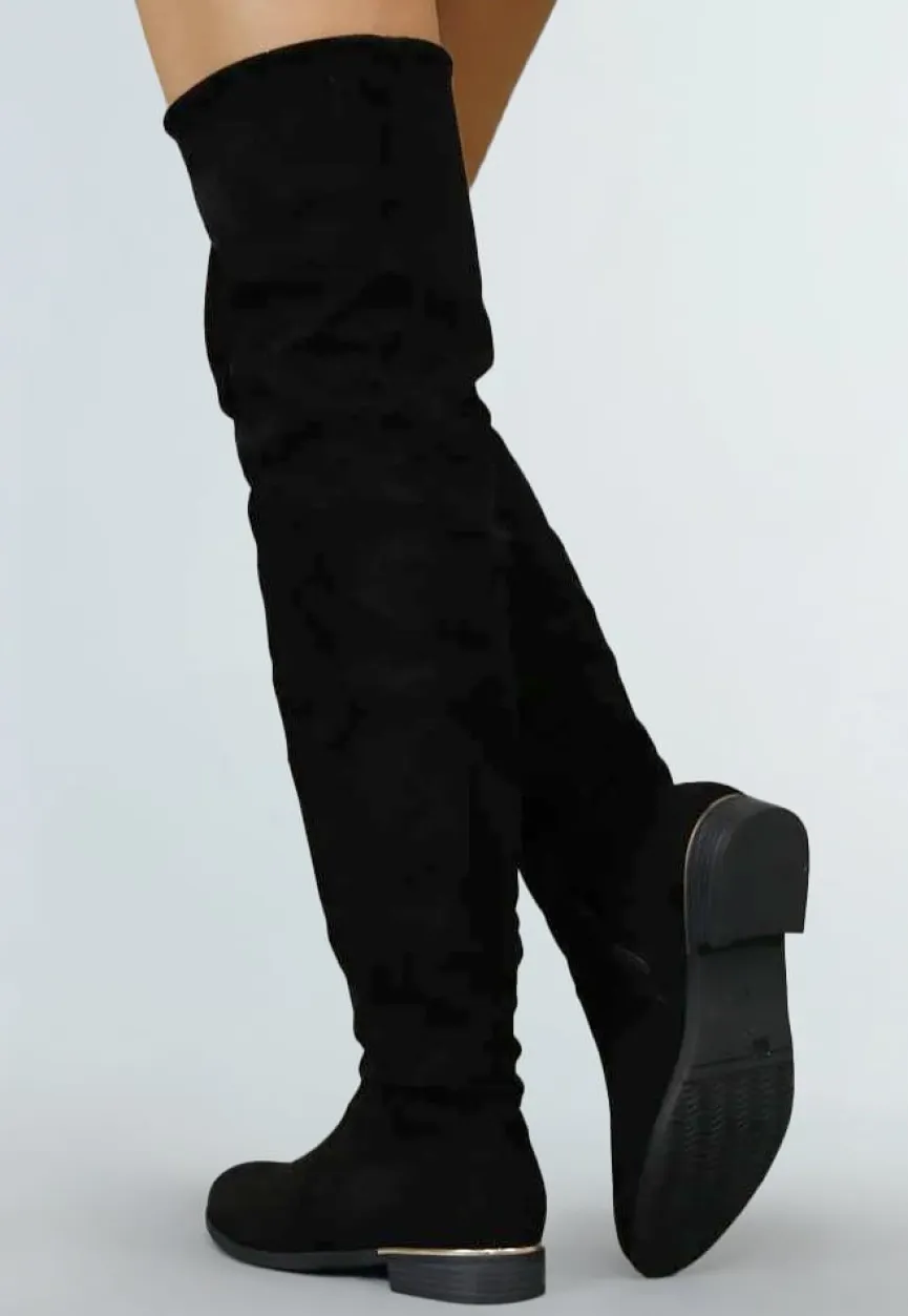 Basic Zwarte Suède-Look Overknee Laarzen met Kleine Hak