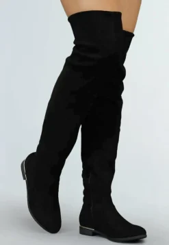 Basic Zwarte Suède-Look Overknee Laarzen met Kleine Hak
