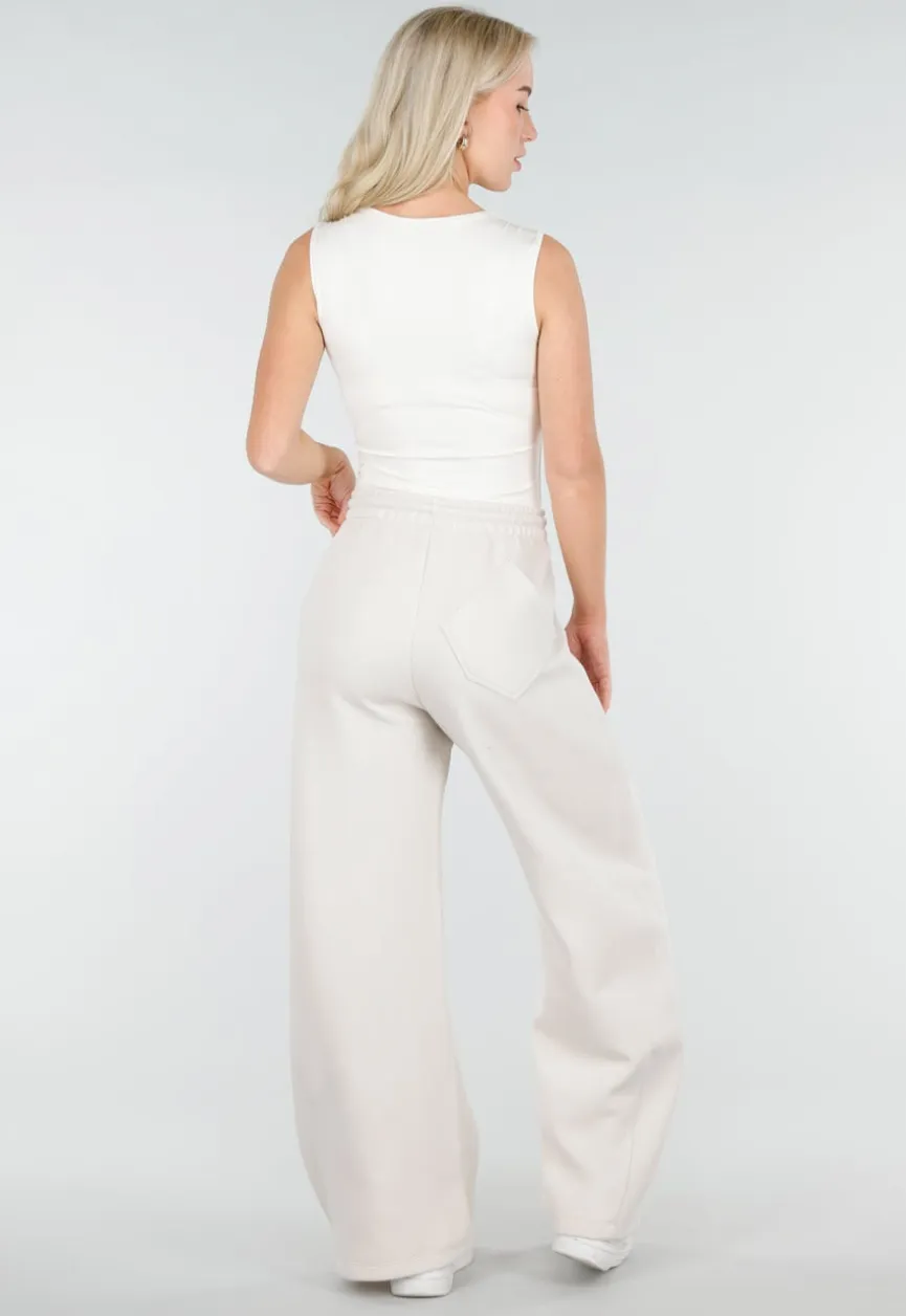 Beige Barrel Fleece Joggingbroek met Trekkoord en Stretch