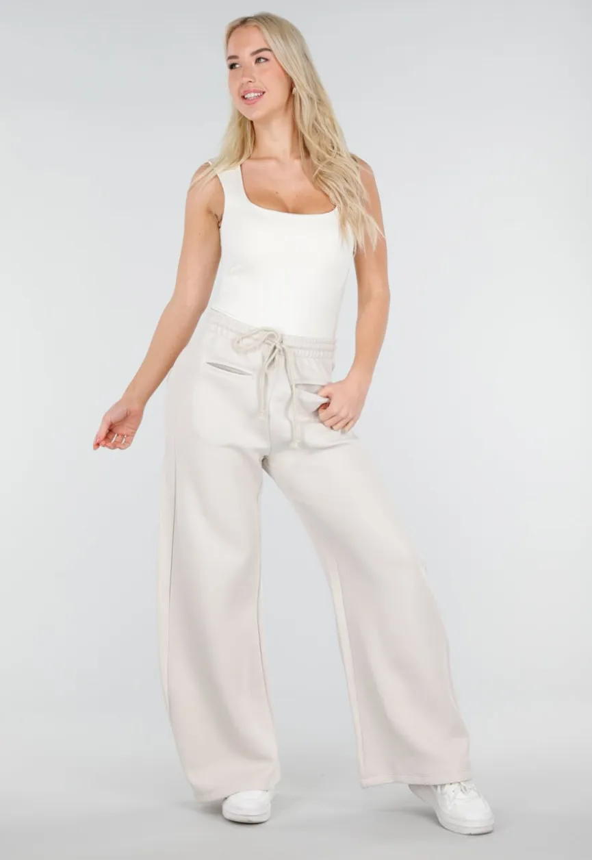 Beige Barrel Fleece Joggingbroek met Trekkoord en Stretch
