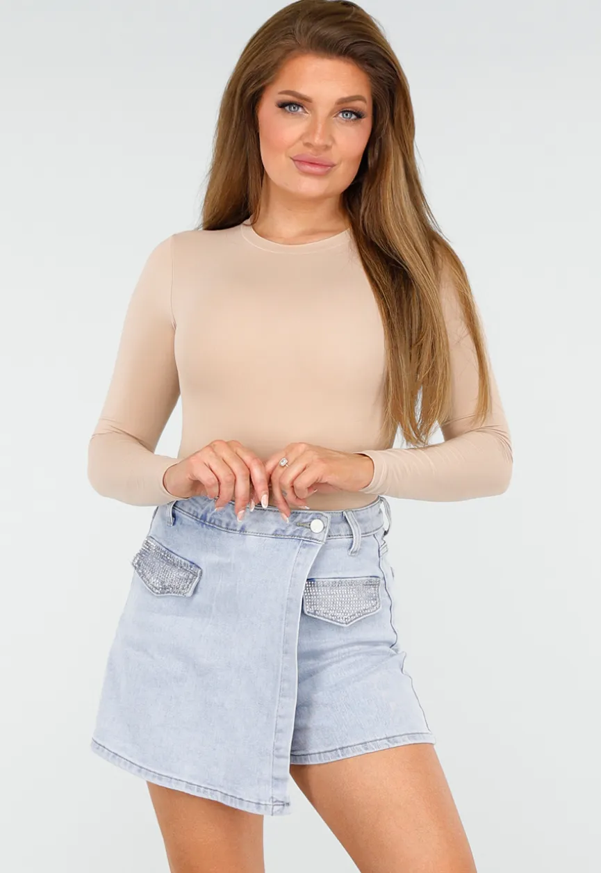 Beige Basic String Bodysuit met Stretch en Lange Mouwen