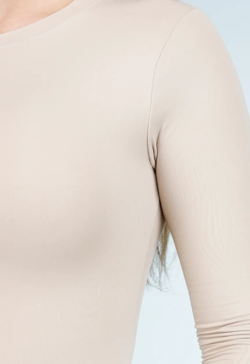 Beige Basic String Bodysuit met Stretch en Lange Mouwen