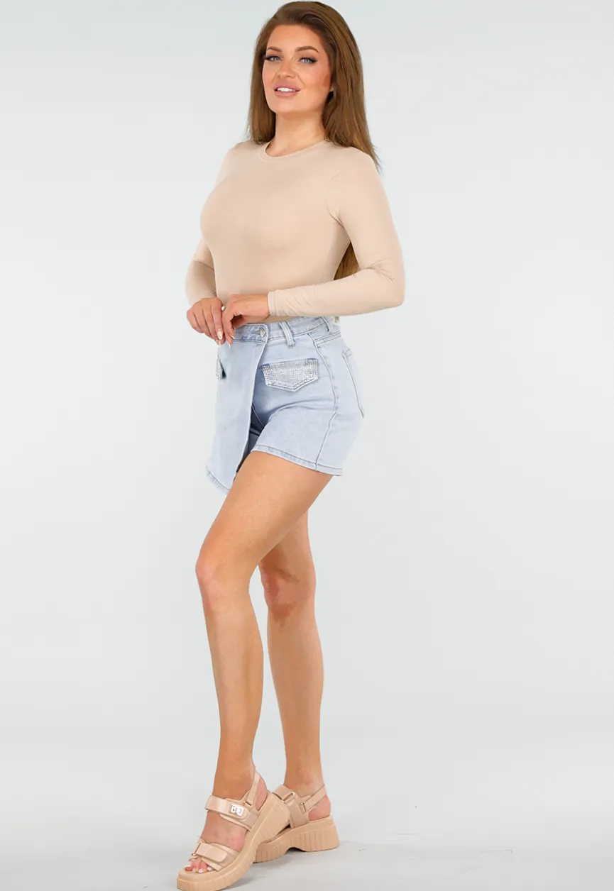 Beige Basic String Bodysuit met Stretch en Lange Mouwen