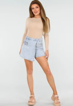 Beige Basic String Bodysuit met Stretch en Lange Mouwen